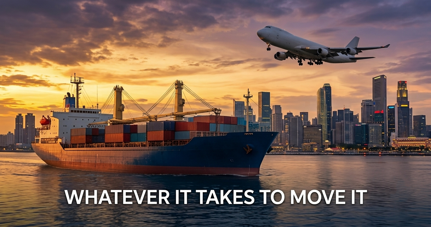 Container ship and cargo aircraft arriving at a port city